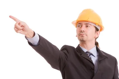 Engineer with yellow hat, pointing forward Stock Photos
