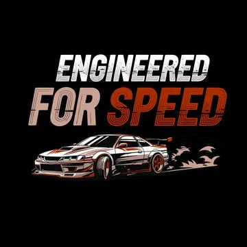 Engineered for speed racing car on black background with orange and white Stock Illustration