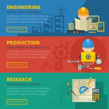 .Engineering 3 Horizontal Flat Banners Set 스톡 일러스트