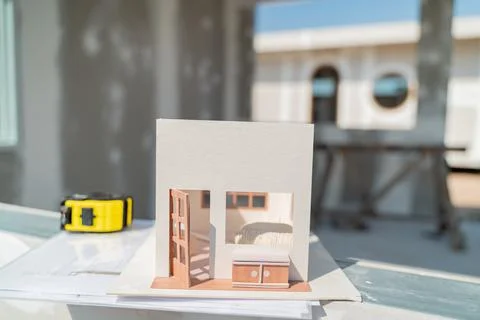 Engineering and architect with house model at the construction property site. 스톡 사진