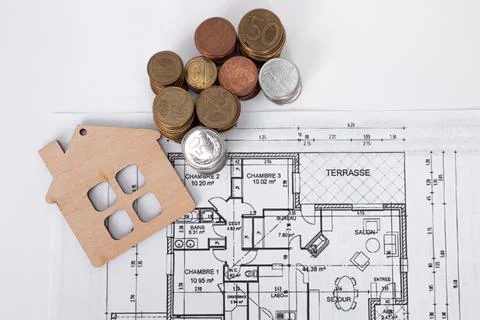 Engineering And Architectural Drawings project with coins Flat lay. Construct 스톡 사진