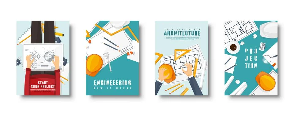 Engineering and architecture flat style covers set. Drawing construction Stock Illustration