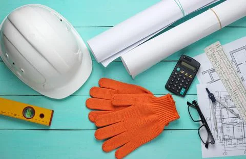 Engineering and construction equipment. Flat lay Stockfoto's