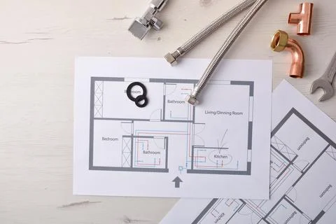 Engineering and development in water installations in houses with schemes Stock Photos