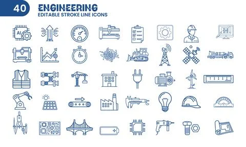 Engineering And Industry Outline Vector Icon Set 40 Editable Stroke Elements Stock Illustration
