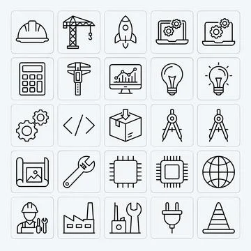 Engineering and technology line icon set featuring hard hat, crane, rocket,.. Stock Illustration
