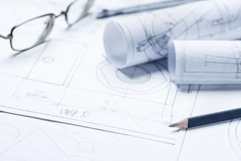 Engineering and technology. Technical drawing. compasses and blueprint Foto stock