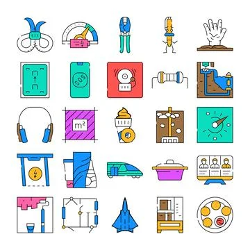 Engineering and travel technology line art icons Stock Illustration
