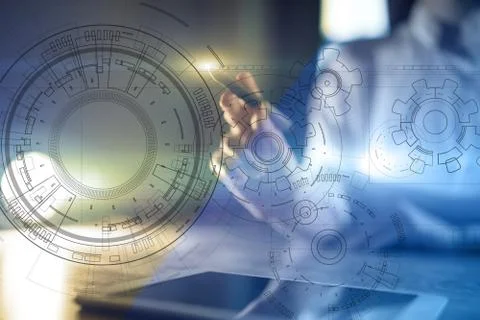 Engineering background with gears draft on virtual screen. Business innovation Stock-Fotos