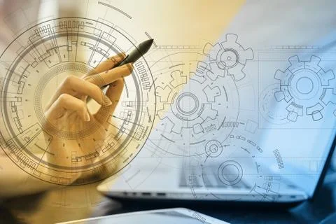 Engineering background with gears draft on virtual screen. Business innovation 库存照片