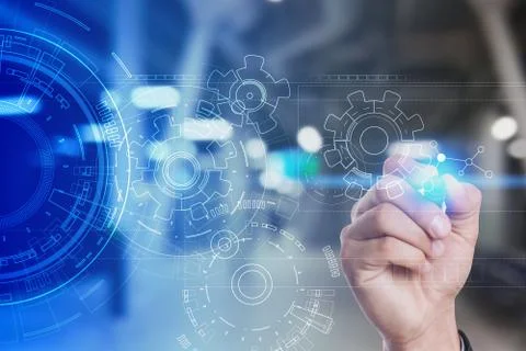 Engineering background with gears draft on virtual screen. Business innovation Stock Photos