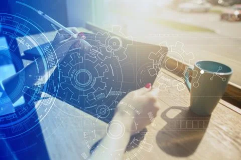 Engineering background with gears draft on virtual screen. Business innovation Stock-Fotos