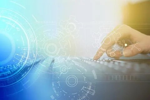 Engineering background with gears draft on virtual screen. Business innovation Stock Photos