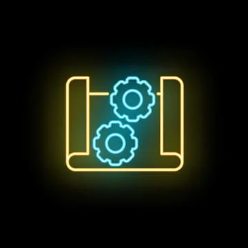 Engineering blueprint with glowing neon gear icons Illustrazione stock