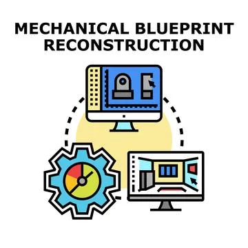 Engineering blueprint reconstruction process creating 3d models Stock Illustration