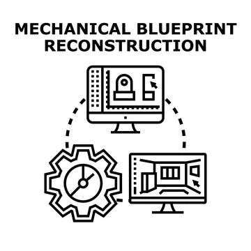 Engineering blueprint reconstruction process creating 3d models Stock Illustration