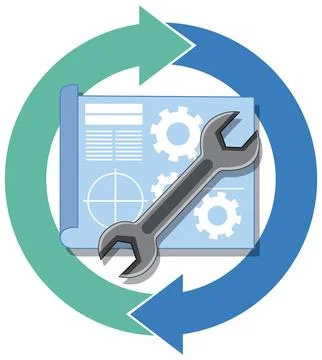 Engineering Blueprint with Wrench and Circular Arrows Concept Illustration Stock Illustration