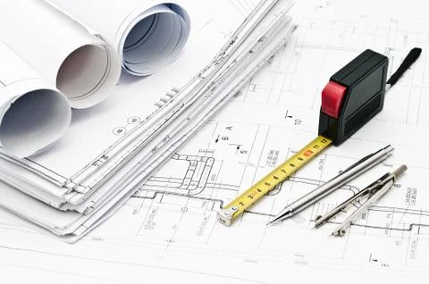 Engineering blueprints and drawing tools Foto stock