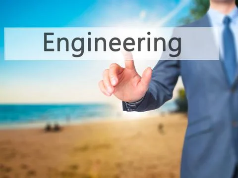 Engineering - Businessman hand pressing button on touch screen interface. Stock Photos