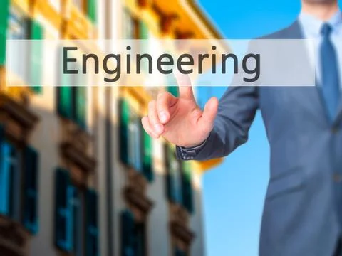 Engineering - Businessman hand pressing button on touch screen interface. Foto stock