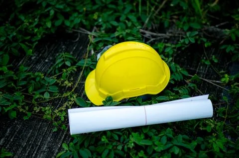 Engineering caps placed on paper. The concept of engineering. With copy space Foto stock