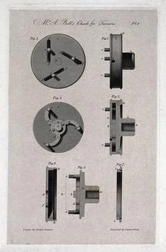 Engineering: a centring chuck mechanism for a lathe: elevations, cross-sect.. イラスト素材