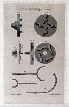 Engineering: a centring chuck mechanism for a lathe, elevations, cross-sect.. イラスト素材