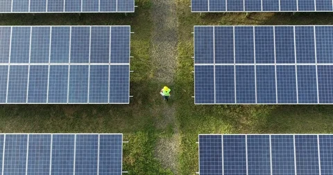 Engineering checking Solar cell Farm, Electricity production from the sun, Stock Footage 92055614