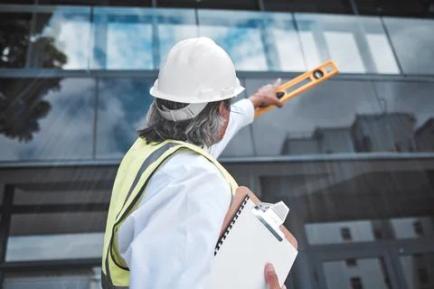 Engineering, checklist and man with tools at construction site inspection, urban Stock Photos