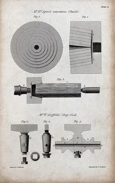Engineering: a chuck for a lathe, and a stopcock. Engraving by G. Gladwin a.. イラスト素材