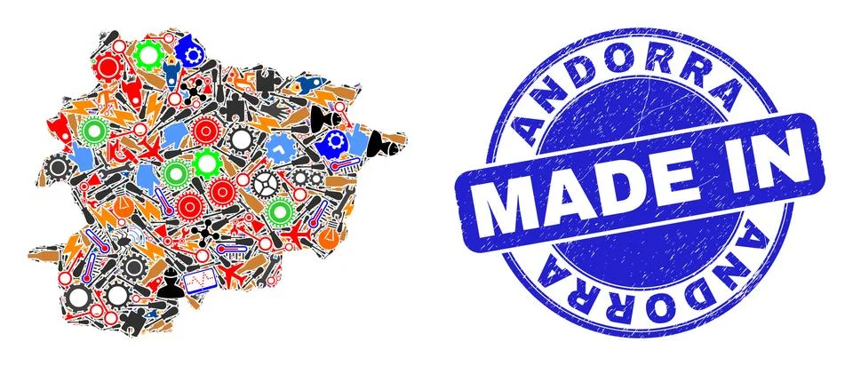 Engineering Collage Andorra Map and Made in Distress Stamp Seal Illustrazione stock