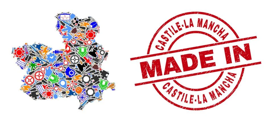 Engineering Collage Castile-La Mancha Province Map and Made in Scratched Rubber Illustrazione stock