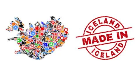 Engineering Collage Iceland Map and Made in Distress Stamp Seal Illustrazione stock