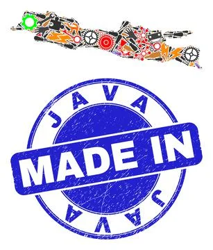 Engineering Collage Java Island Map and Made in Scratched Seal Stock Illustration