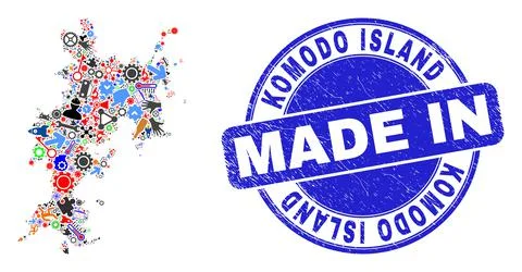 Engineering Collage Komodo Island Map and Made in Scratched Stamp Illustrazione stock