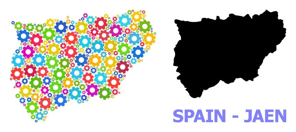 Engineering Collage Map of Jaen Spanish Province with Multi-Colored Gear wheels Stock Illustration