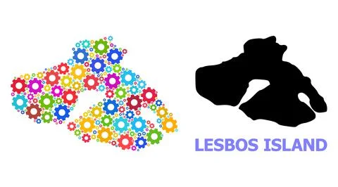 Engineering Collage Map of Lesbos Island of Colorful Gears Illustrazione stock