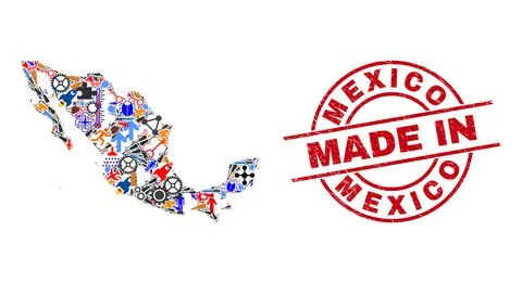 Engineering Collage Mexico Map and Made in Scratched Stamp Seal Illustrazione stock