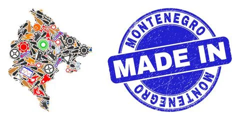Engineering Collage Montenegro Map and Made in Scratched Stamp Seal Illustrazione stock