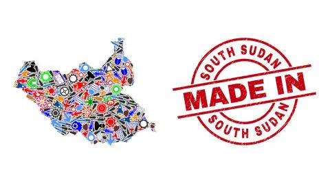 Engineering Collage South Sudan Map and Made in Scratched Watermark Illustrazione stock