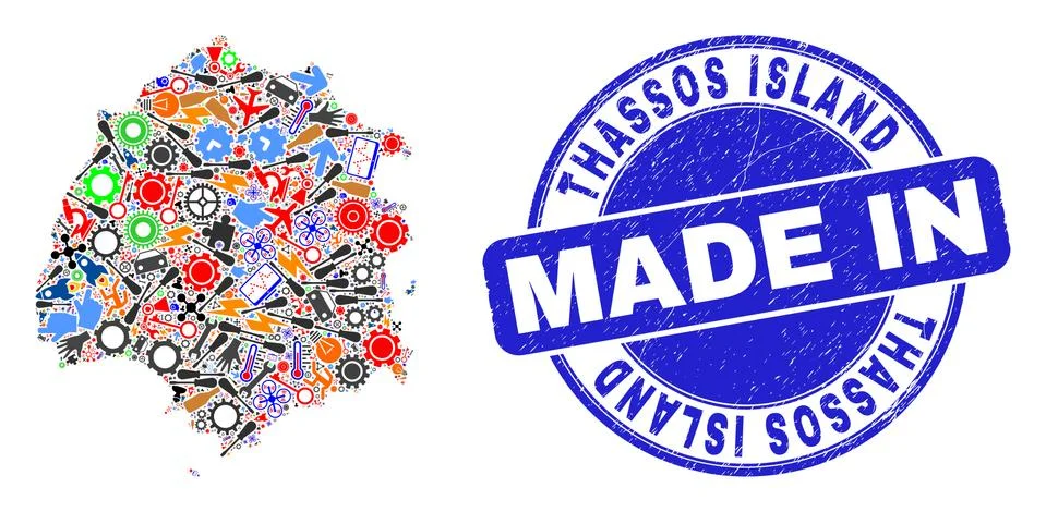 Engineering Collage Thassos Island Map and Made in Distress Stamp Illustrazione stock