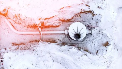 Engineering communications in winter top view, concept of heat supply accid.. Stock Photos