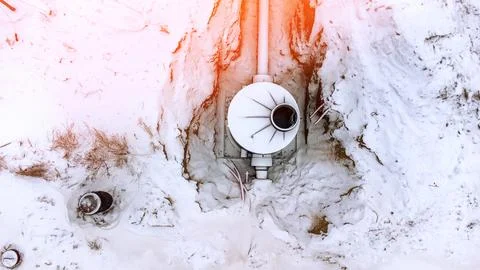 Engineering communications in winter top view, concept of heat supply accident i Stock Photos