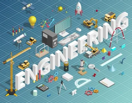 Engineering concept with industrial construction machinery, science element.. 库存插图