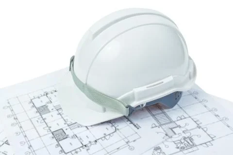 Engineering concept, safety helmet with working plan Stock-Fotos
