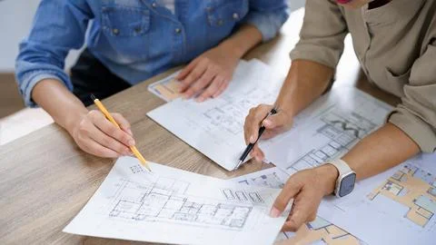 Engineering construction concept, Two female engineers is discussing blueprin Stock Photos