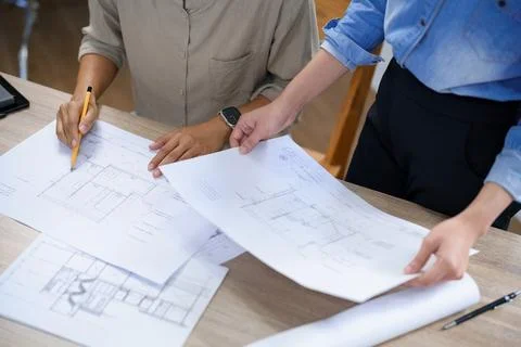 Engineering construction concept, Two female engineers brainstorming about .. Stock Photos