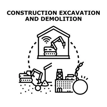Engineering construction, excavation, and smart demolition works 스톡 일러스트