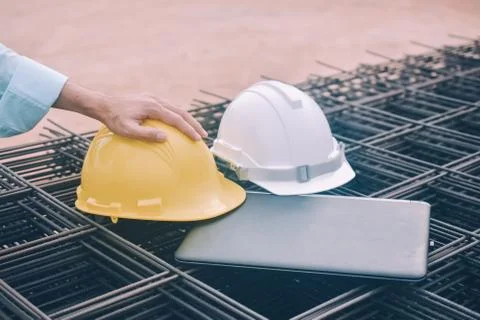 Engineering construction holding computer notebook inspection work at estate  스톡 사진