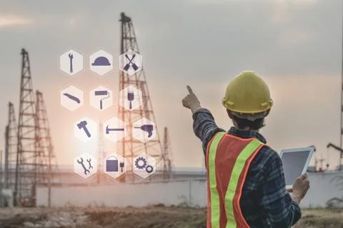 Engineering construction  holding tablet technology application tool equipmen Stock Photos